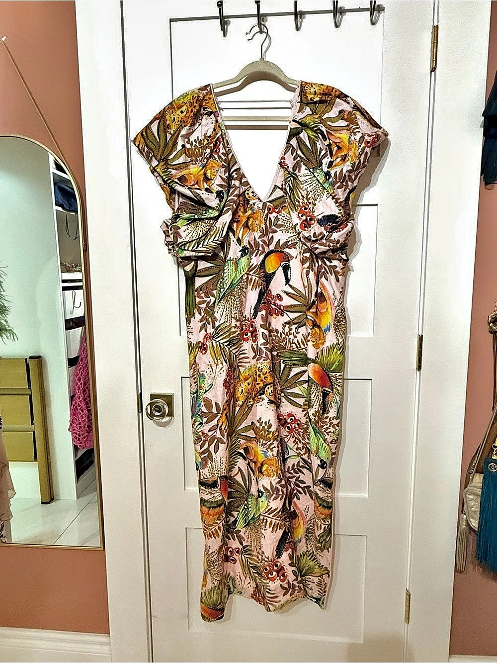FARM Rio Pink Leaves Midi Dress Tropical Print XL